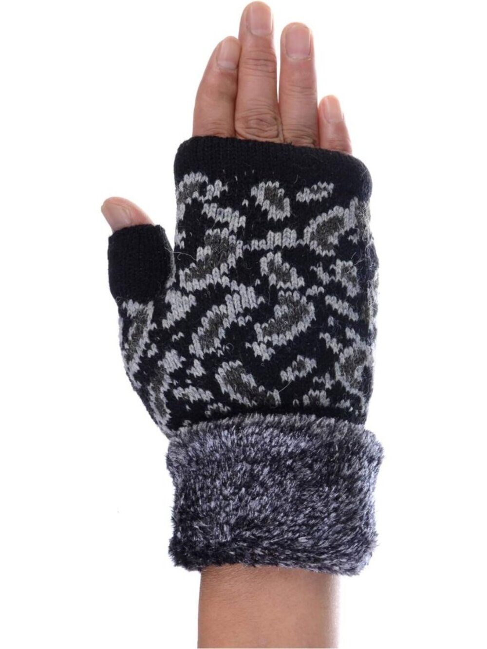 Women's Black Winter Knit Fingerless Fashion Fleece Lined Assorted Knit Gloves